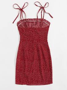 Soleia Polka Dot Print Tie Shoulder Split Hem Cami Dress - Burgundy - View 2