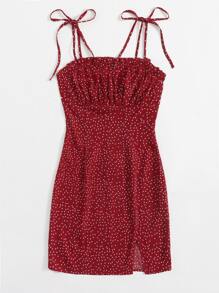 Soleia Polka Dot Print Tie Shoulder Split Hem Cami Dress - Burgundy - View 4