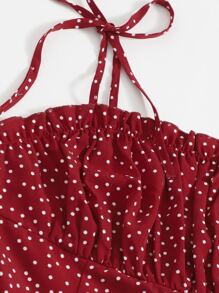 Soleia Polka Dot Print Tie Shoulder Split Hem Cami Dress - Burgundy - View 6