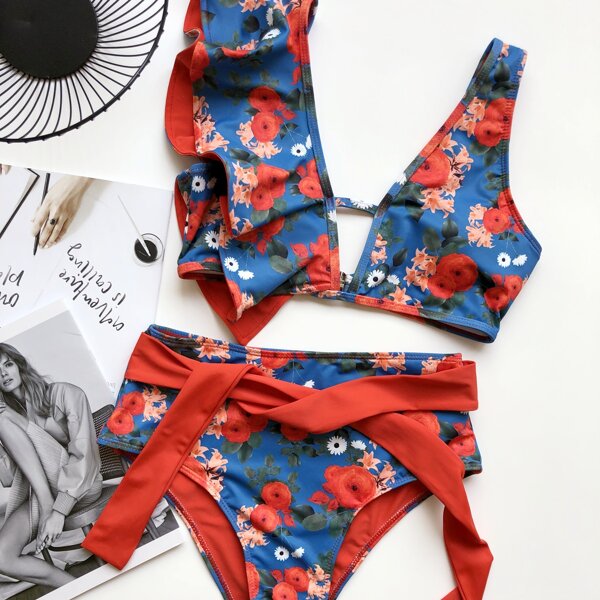 

Floral Random Print Ruffle Tie Front Bikini Swimsuit, Multicolor