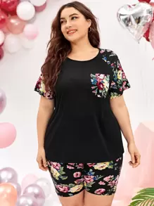 SHEIN LUNE Plus Floral Patch Pocket Tee & Shorts Set - Multicolor - View 3