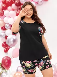 SHEIN LUNE Plus Floral Patch Pocket Tee & Shorts Set - Multicolor - View 4