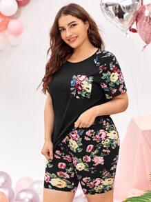 SHEIN LUNE Plus Floral Patch Pocket Tee & Shorts Set - Multicolor - View 1
