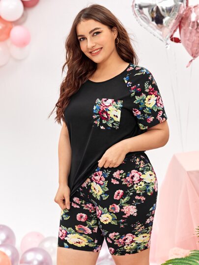 أطقم منسقة مقاسات كبيرة الجيب رسم الزهر كاجوال