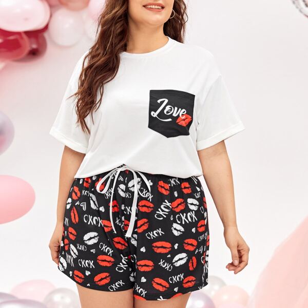 

Plus Patch Pocket Drop shoulder Tee & Mouth Print Shorts PJ Set, Multicolor