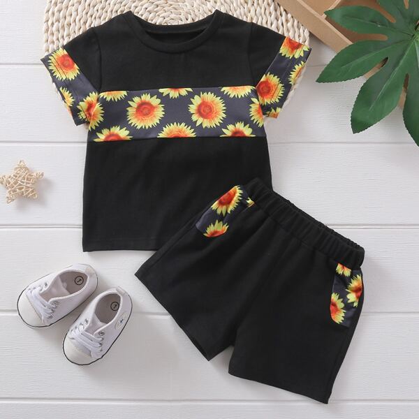 

Toddler Boys Sunflower Print Tee With Track Shorts, Black
