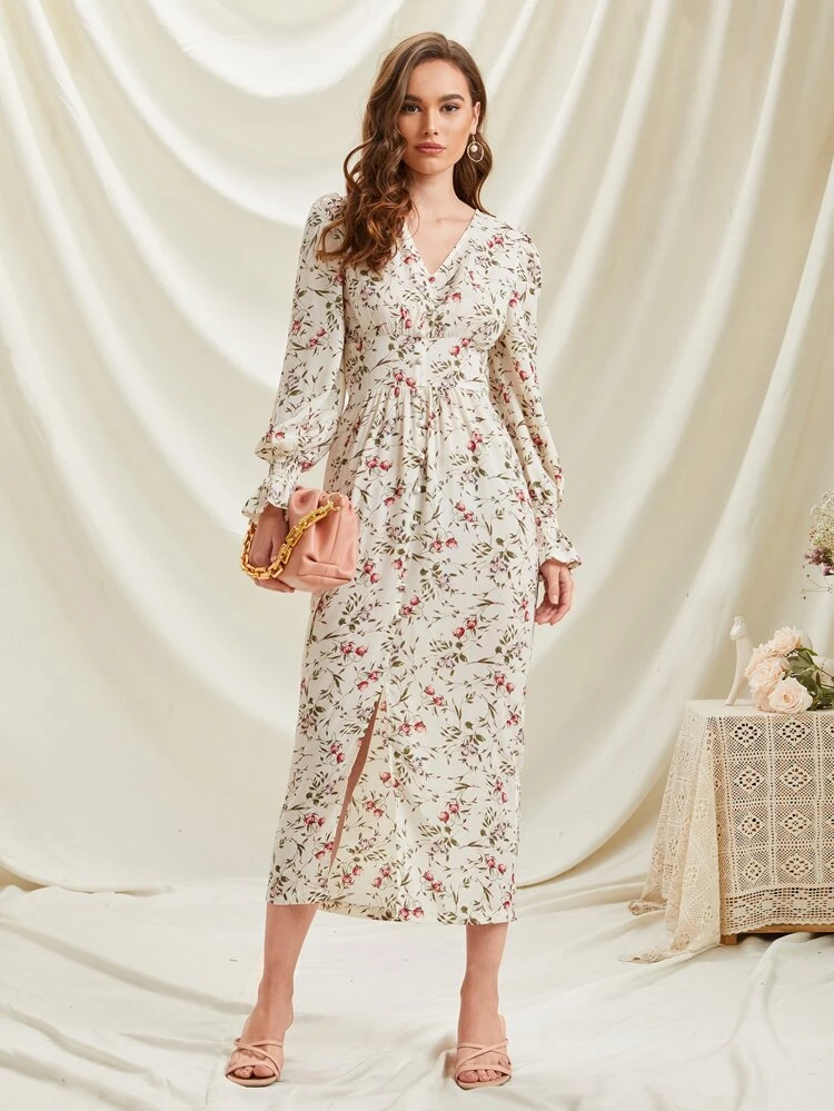 Flower Print Split Thigh Dress