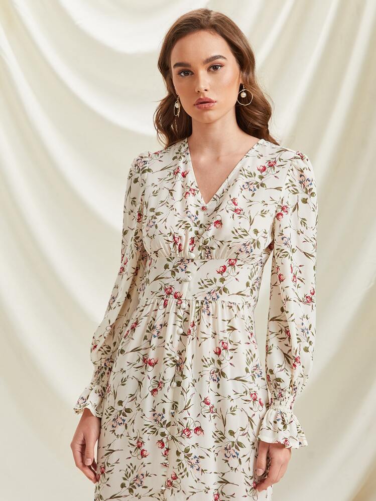 Modelyn Flower Print Split Thigh Dress - Multicolor - View 4