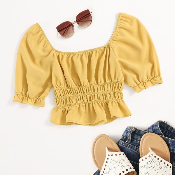 

Puff Sleeve Shirred Peplum Blouse, Yellow