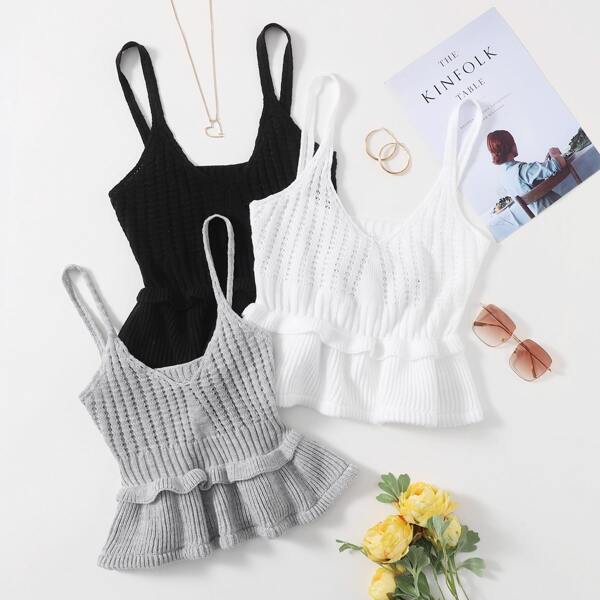 

3pcs Pointelle Knit Ruffle Trim Cami Top, Multicolor