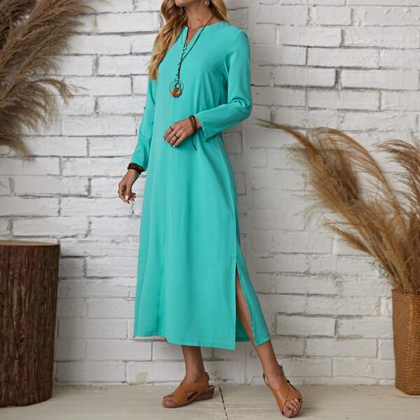 

Roll Up Sleeve Button Front Dress, Mint blue