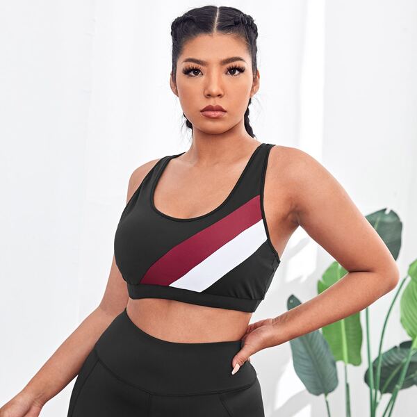 

Plus Color-block Racer Back Sports Bra, Black