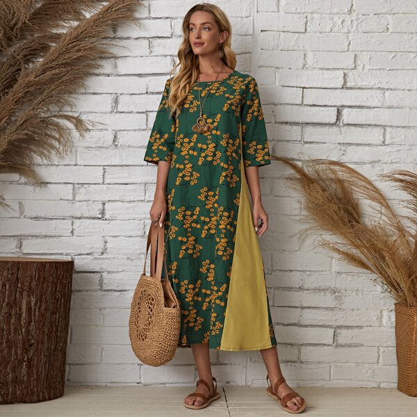 

Colorblock Floral Print Tunic Dress, Dark green