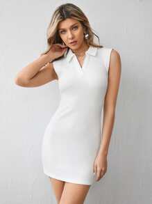 SHEIN Privé Rib-knit Solid Bodycon Dress - White - View 1