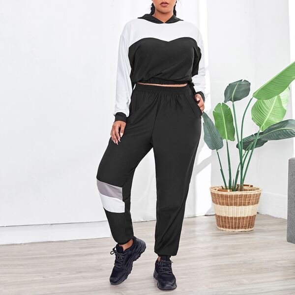 

Plus Colorblock Drop Shoulder Sports Hoodie & Sweatpants, Black