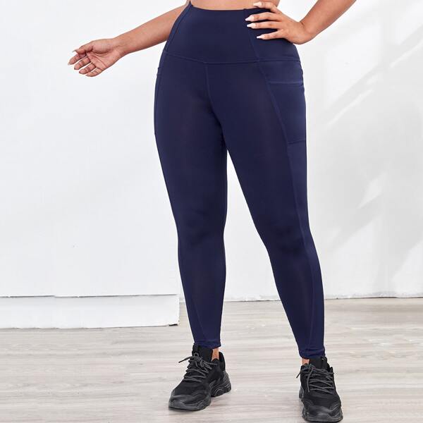 

Plus Wide Band Waist Sports Leggings & Phone Pocket, Navy blue
