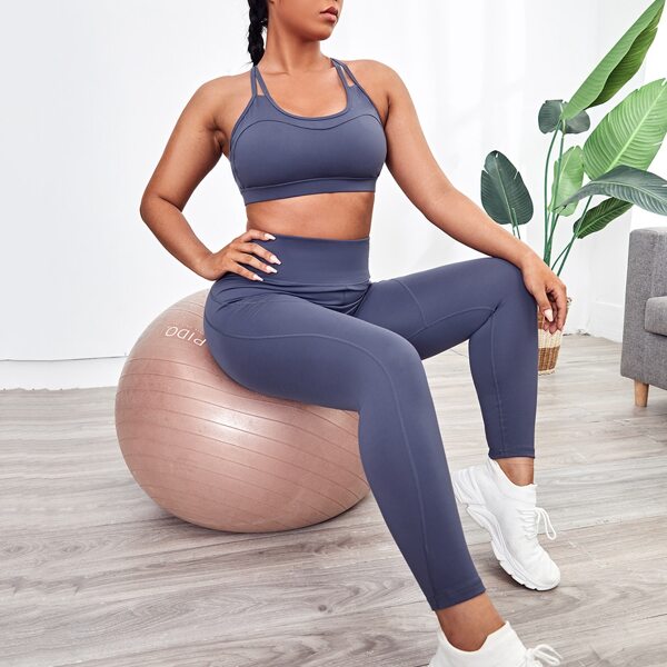 

Plus Criss-cross Solid Sports Bra & Leggings, Navy blue