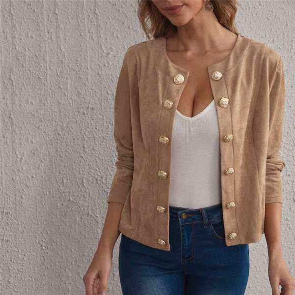 

Gold Button Front Suede Jacket, Khaki