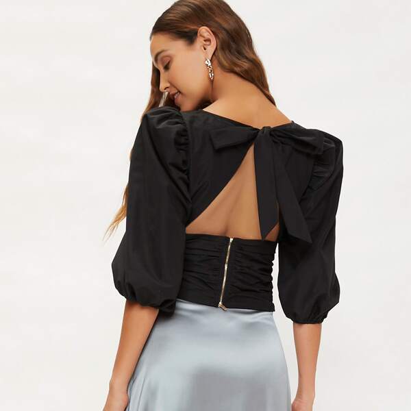 

Tied Backless Lantern Sleeve Crop Top, Black