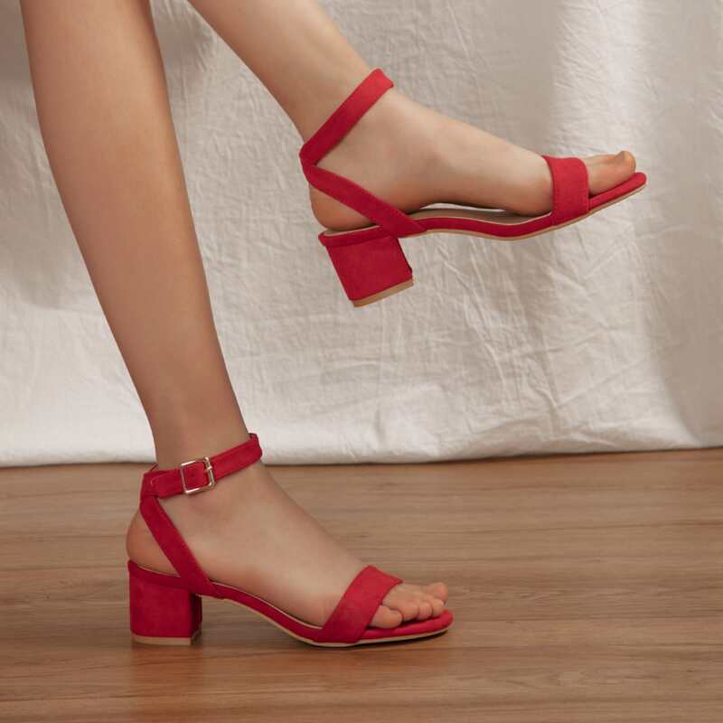 

Minimalist Chunky Heeled Ankle Strap Sandals, Red