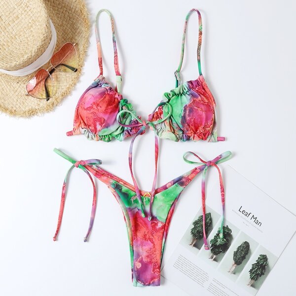 

Tie Dye Tie Front Bikini Swimsuit, Multicolor