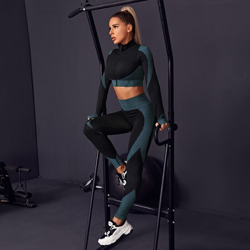

Contrast Striped Zip Up Thumb Holes Sports Jacket With Leggings, Black