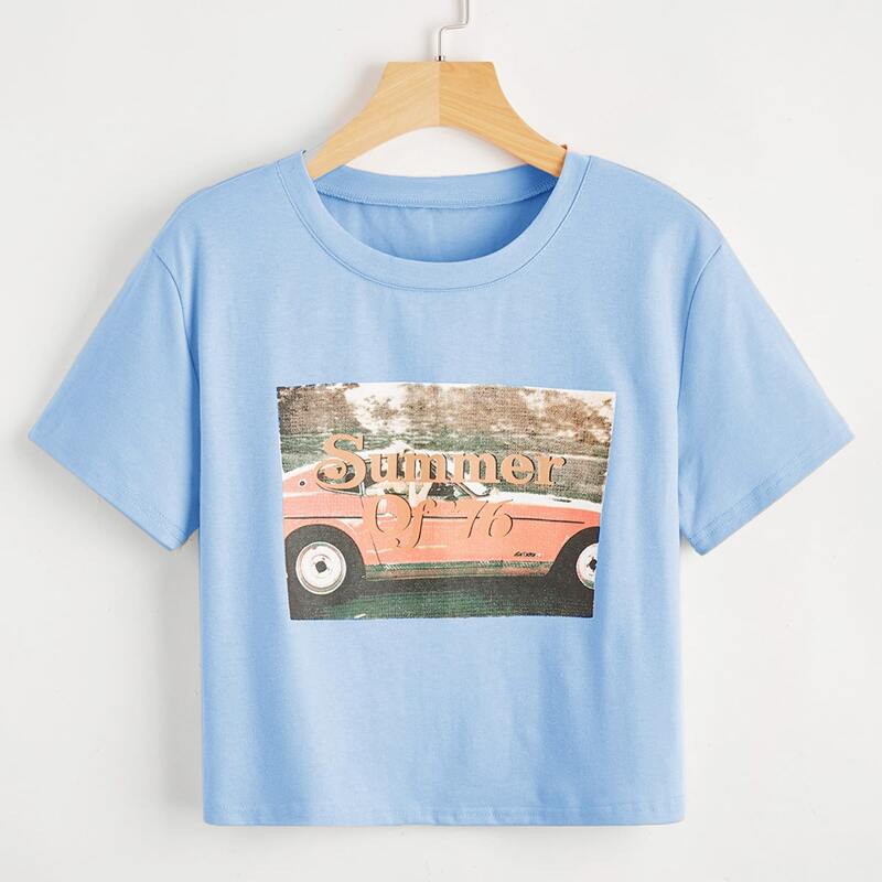 

Cartoon Graphic Crop Tee, Baby blue