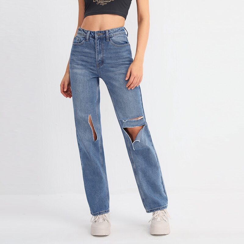 

High Waist Ripped Straight Jeans, Medium wash