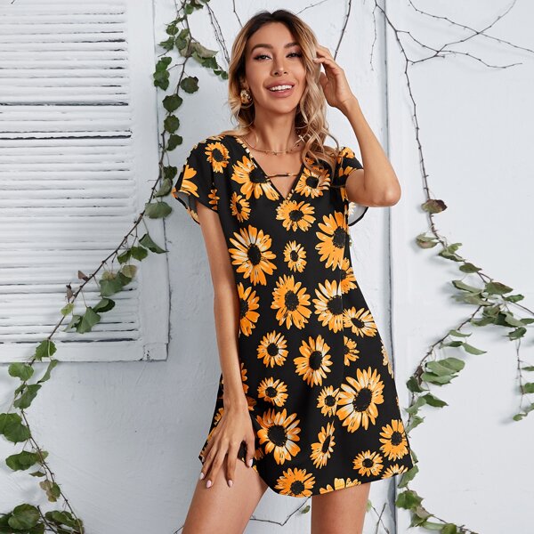 

Sunflower Print Tunic Dress, Multicolor