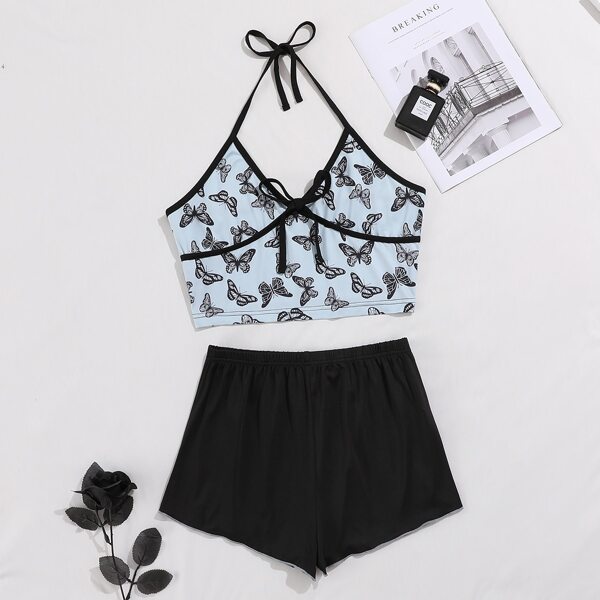 

Butterfly Print Bow Halter Pajama Set, Multicolor