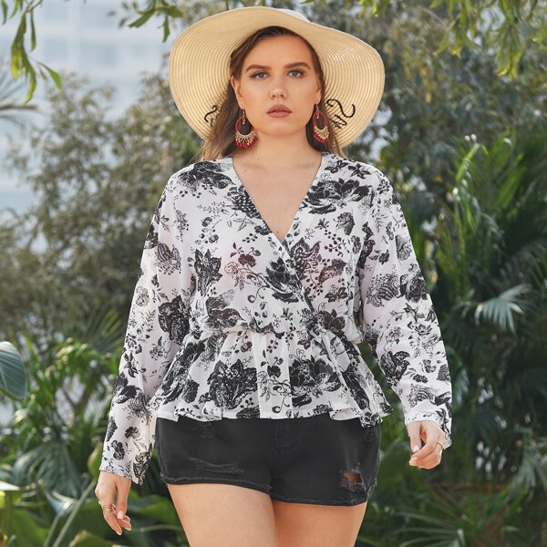

Plus Floral Print Wrap Smock Blouse, Black and white