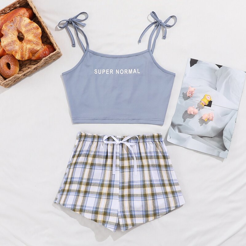 

Letter & Plaid Print Bow PJ Set, Multicolor