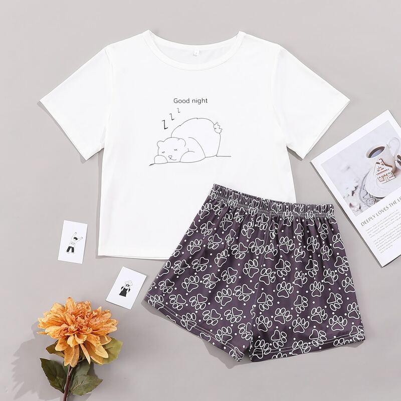 

Cartoon And Slogan Graphic Tee & Shorts PJ Set, Black and white