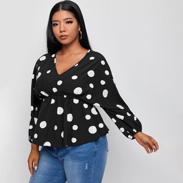 

Plus V Neck Polka Dot Peplum Blouse, Black and white