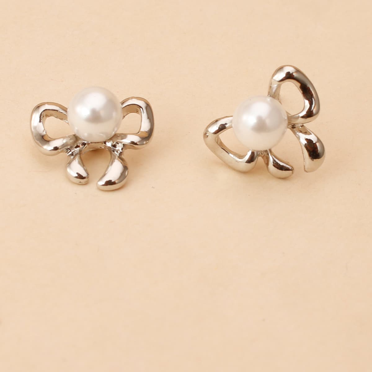 

Faux Pearl Bow Stud Earrings, Silver