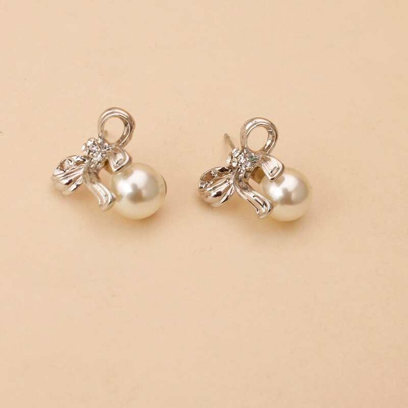 

Faux Pearl Bow Stud Earrings, Silver