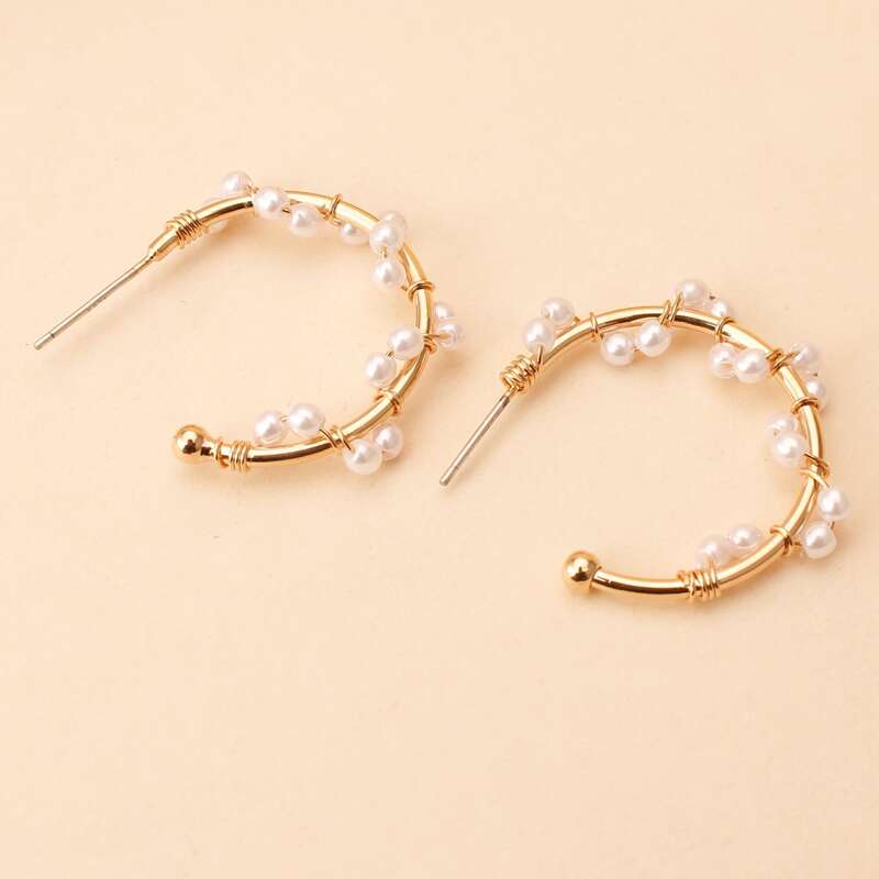 Faux Pearl Hoop Earrings, Gold