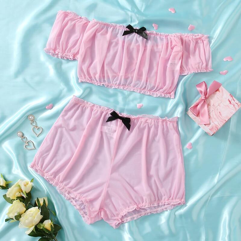 

Off Shoulder Frill Trim Lingerie Set, Pink