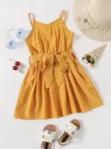 小女童滿版心形圖案腰帶吊帶連衣裙 - 黃色 - 查看 1