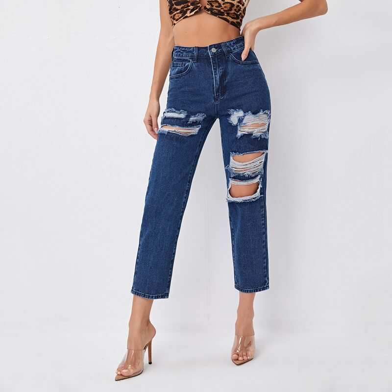 

High Waist Ripped Straight Jeans, Dark wash