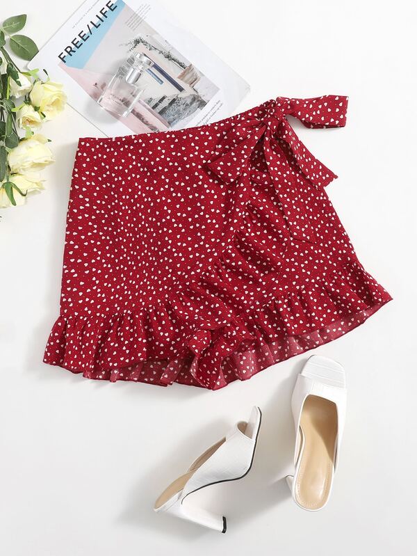SHEIN VCAY Ruffle Trim Wrap Tie Front Heart Print Shorts | SHEIN USA