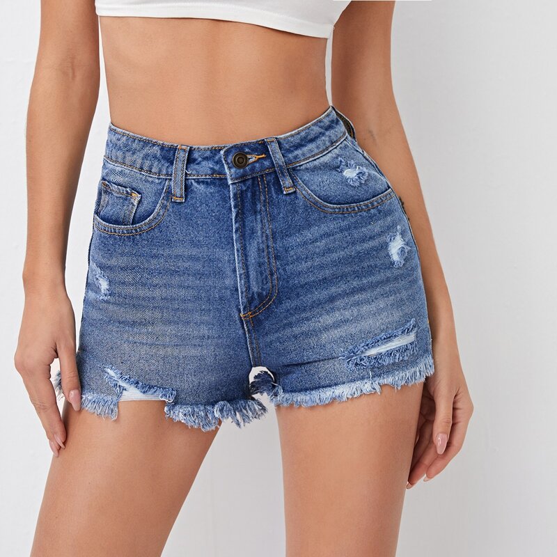 Raw Hem Ripped Denim Shorts, Medium wash
