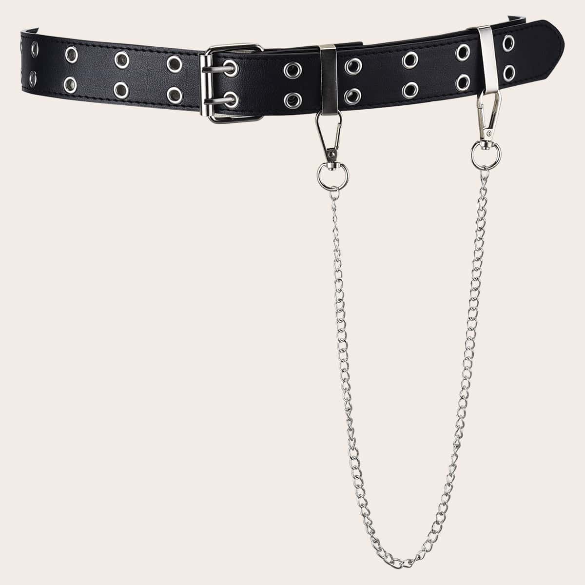 

Grommet Buckle Belt With Pants Chain, Black
