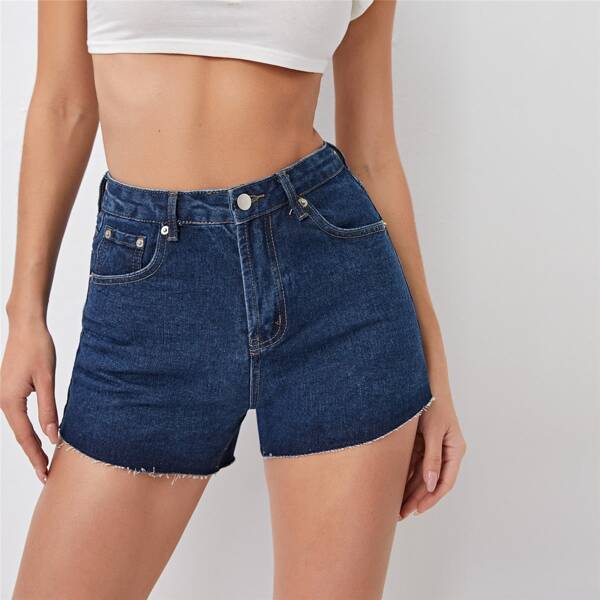 

Raw Hem Slant Pocket Denim Shorts, Dark wash