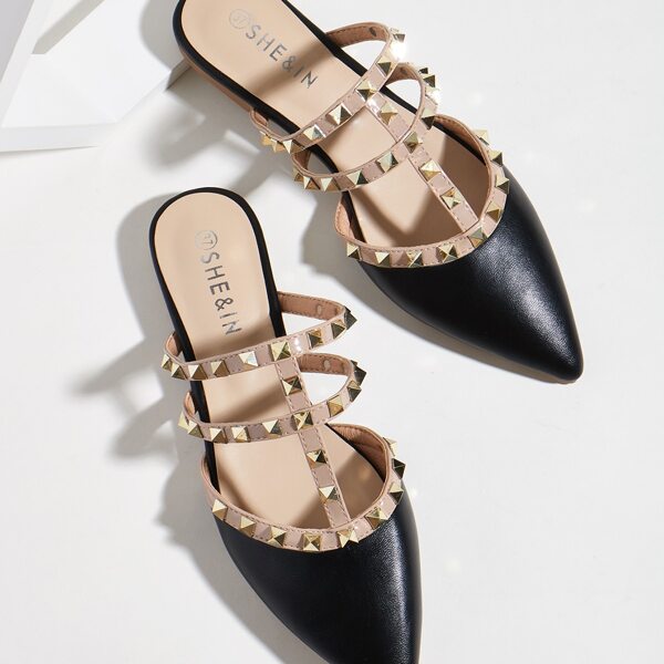 

Spiked Decor Gladiator Flat Mules, Black