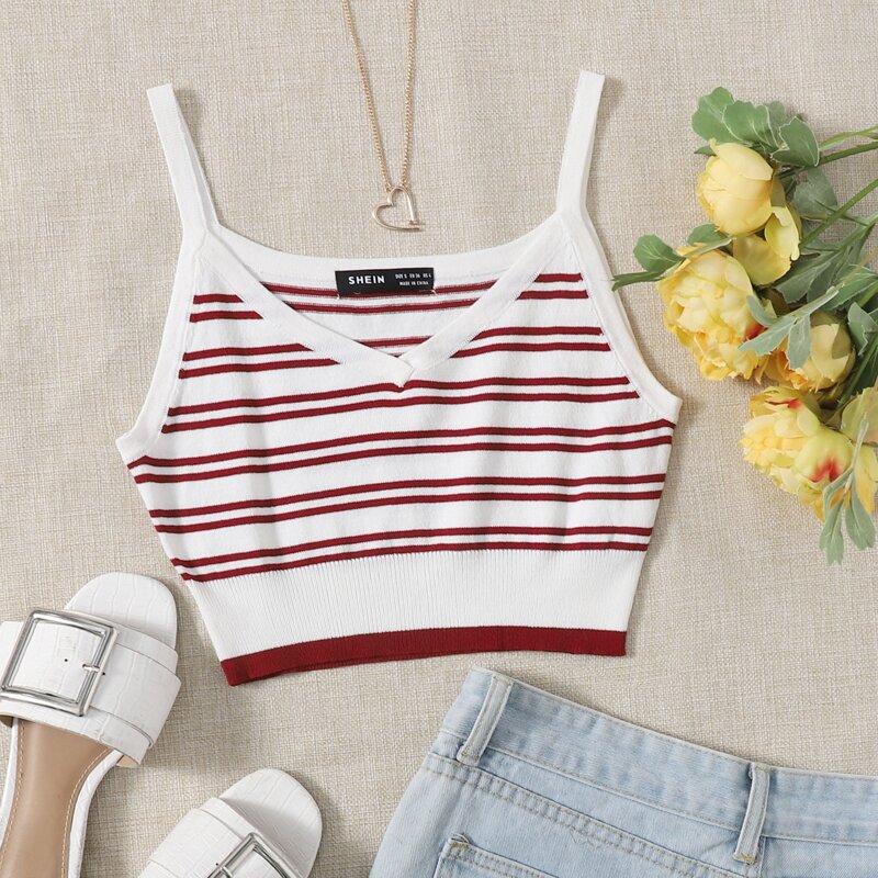 

Striped Crop Knit Top, Red and white