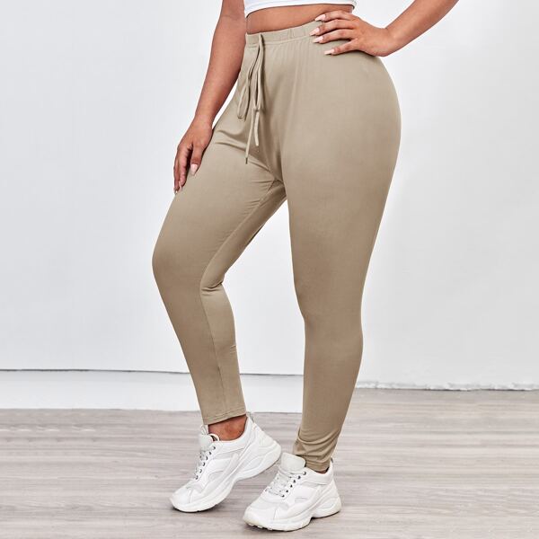 

Plus Knot Front Solid Leggings, Khaki