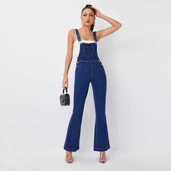 

Pocket Front Flare Leg Denim Overalls, Medium wash