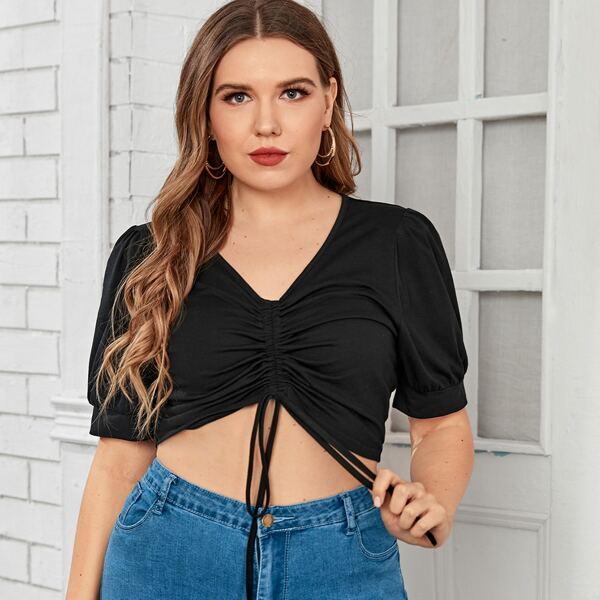 

Plus Solid Drawstring Front Crop Tee, Black