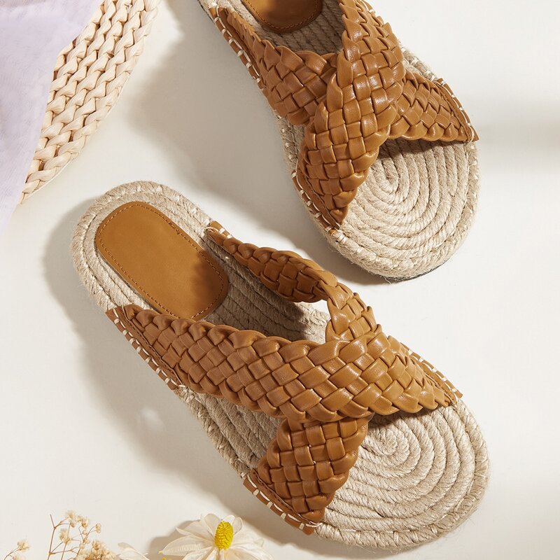 

Braided Criss Cross Espadrille Slide Sandals, Brown